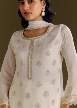 White Chinon Cutdana Kurta Sharara With Moti Work Dupatta