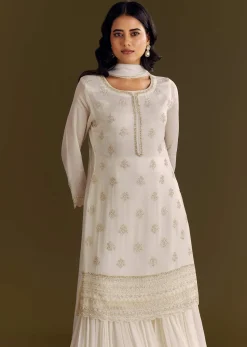 White Chinon Cutdana Kurta Sharara With Moti Work Dupatta