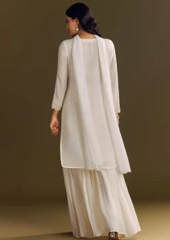 White Chinon Cutdana Kurta Sharara With Moti Work Dupatta