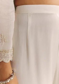 White Chinon Cutdana Kurta Sharara With Moti Work Dupatta