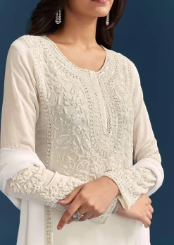 White Chinon Kurta Set With Sequins And Cut Dana Work