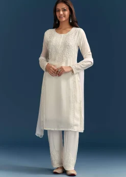 White Chinon Kurta Set With Sequins And Cut Dana Work