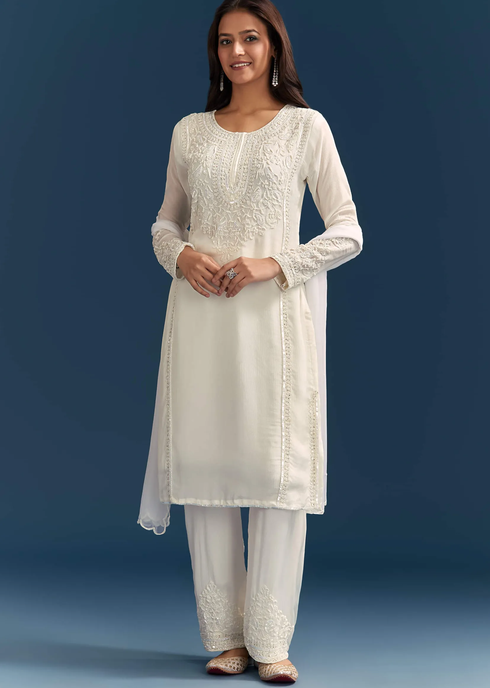 White Chinon Kurta Set With Sequins And Cut Dana Work
