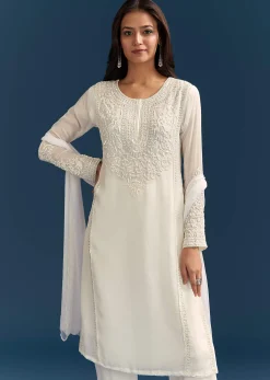 White Chinon Kurta Set With Sequins And Cut Dana Work