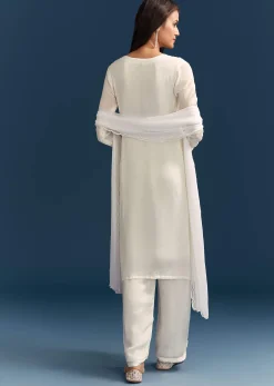 White Chinon Kurta Set With Sequins And Cut Dana Work