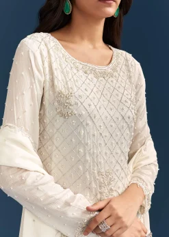 White Chinon Sharara Suit With Sequins Moti And Cut Dana Detailing