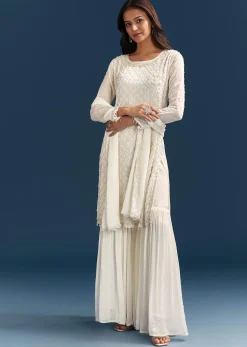 White Chinon Sharara Suit With Sequins Moti And Cut Dana Detailing