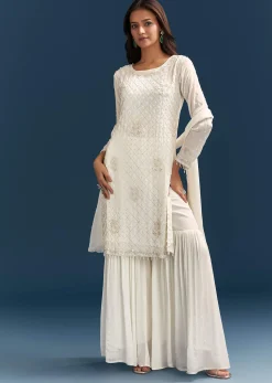 White Chinon Sharara Suit With Sequins Moti And Cut Dana Detailing