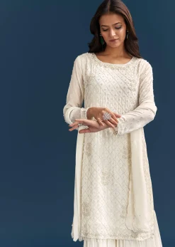 White Chinon Sharara Suit With Sequins Moti And Cut Dana Detailing