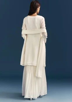 White Chinon Sharara Suit With Sequins Moti And Cut Dana Detailing