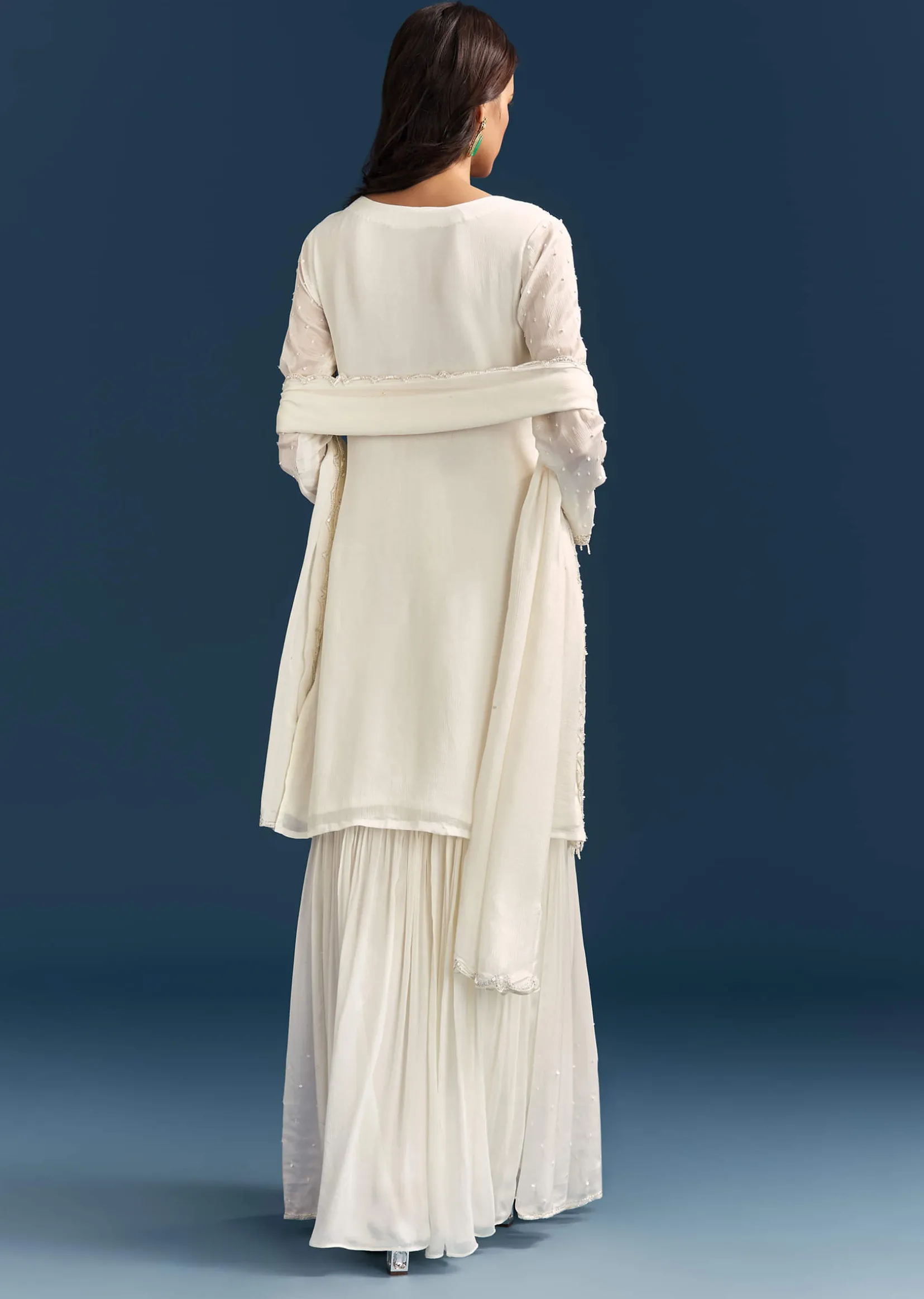 White Chinon Sharara Suit With Sequins Moti And Cut Dana Detailing