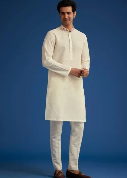 White Cotton Kurta Set With Embroidered Pocket And Collar