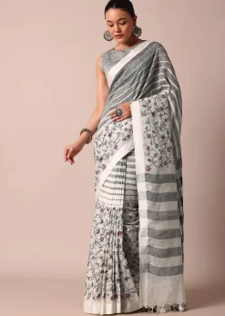 White Cotton Linen Floral Thread Embroidered Saree With Unstitched Blouse Piece