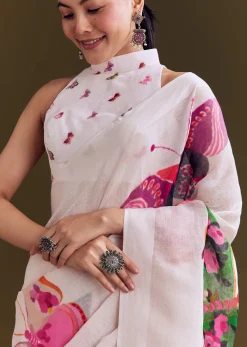 White Cotton Linen Saree With Watercolor Florals