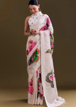 White Cotton Linen Saree With Watercolor Florals