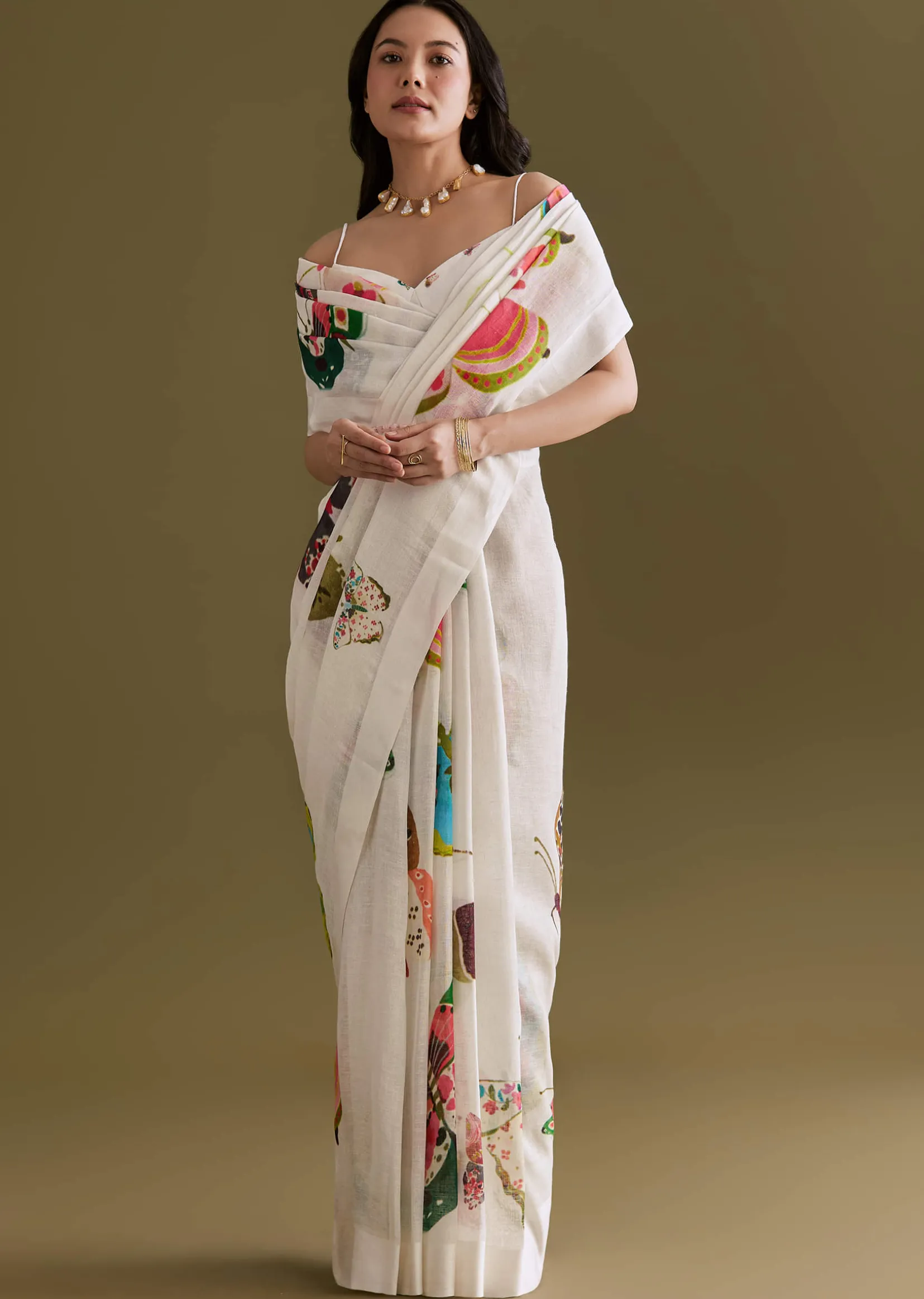 White Cotton Linen Saree With Multicolour Butterfly Prints