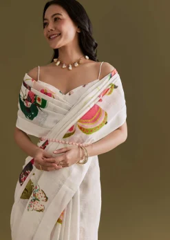 White Cotton Linen Saree With Multicolour Butterfly Prints
