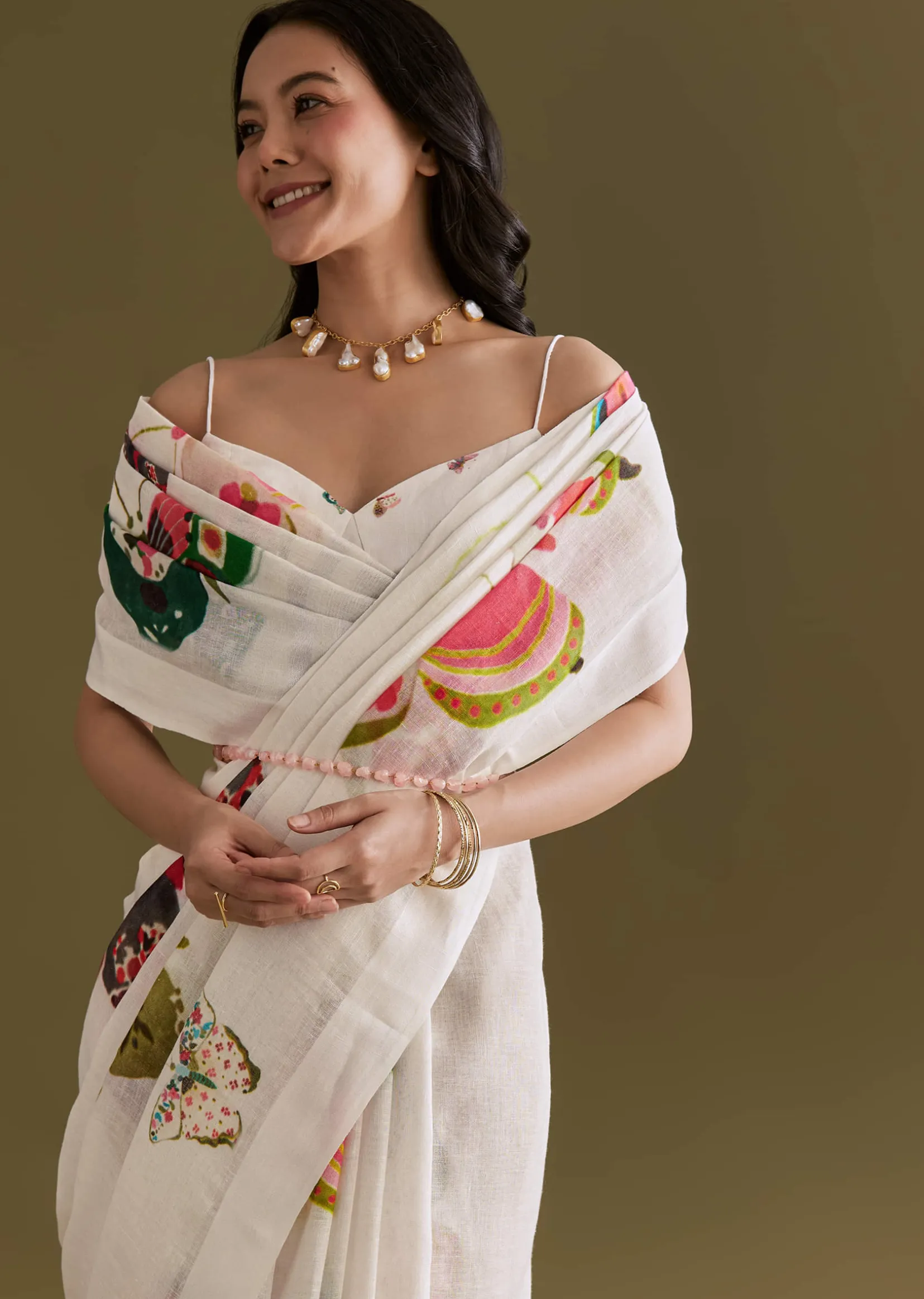 White Cotton Linen Saree With Multicolour Butterfly Prints