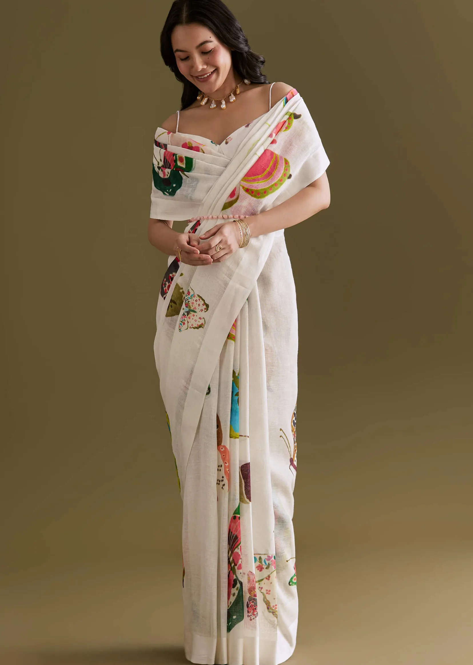 White Cotton Linen Saree With Multicolour Butterfly Prints