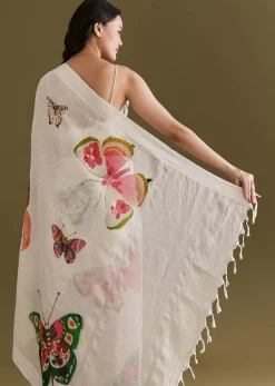 White Cotton Linen Saree With Multicolour Butterfly Prints