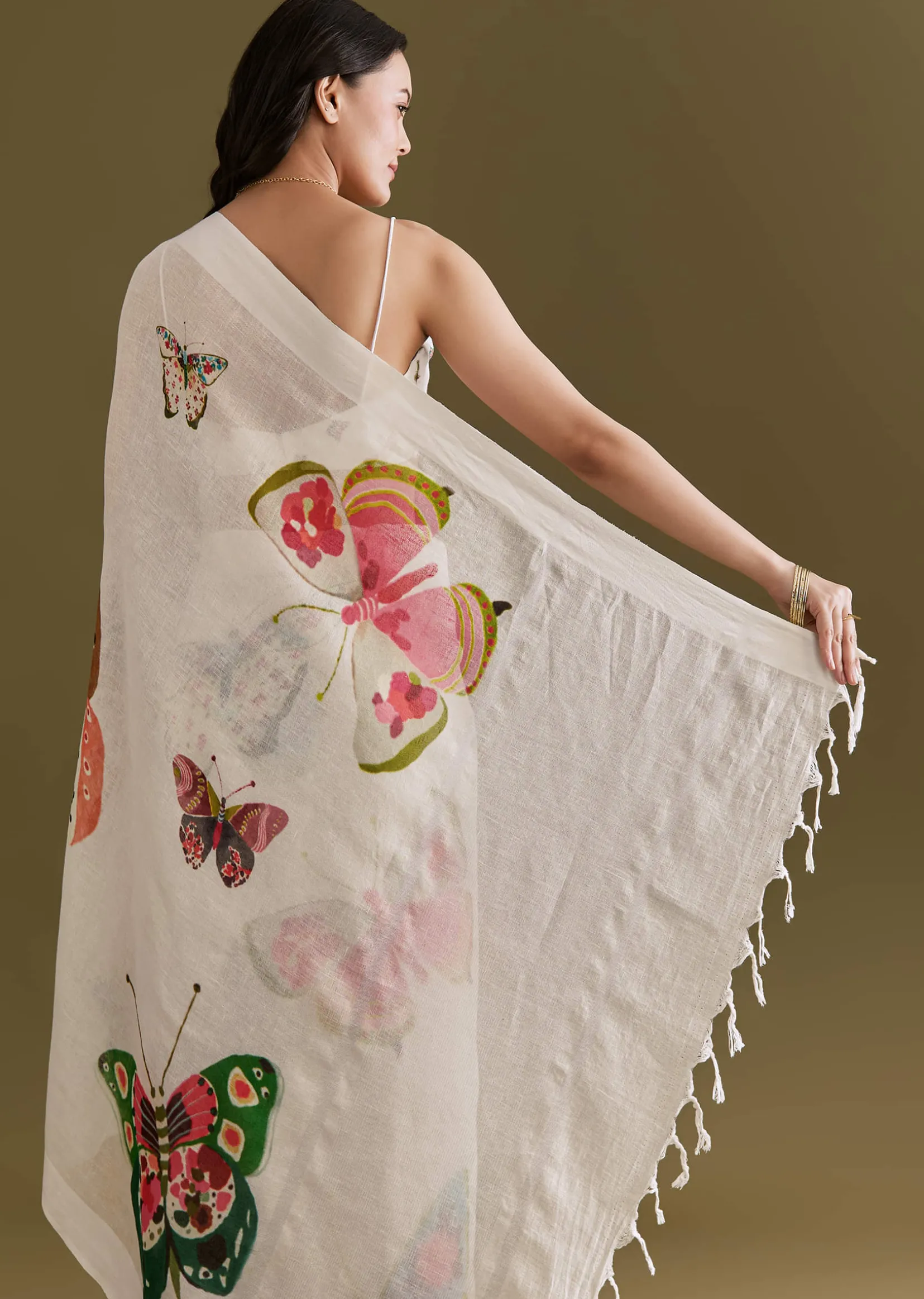 White Cotton Linen Saree With Multicolour Butterfly Prints