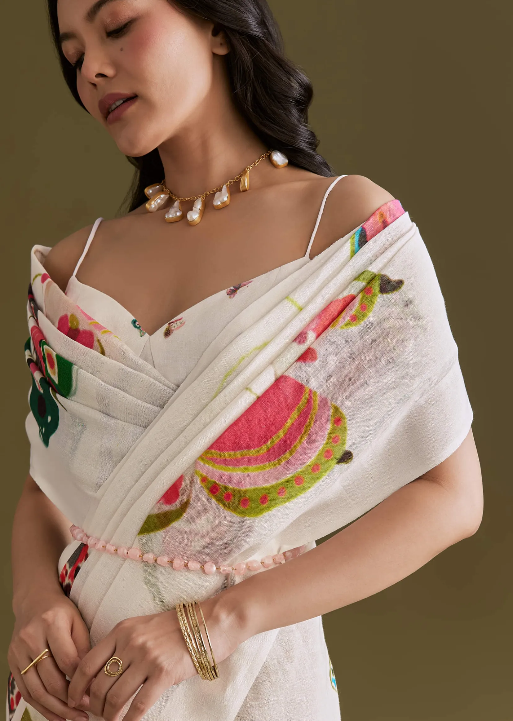 White Cotton Linen Saree With Multicolour Butterfly Prints