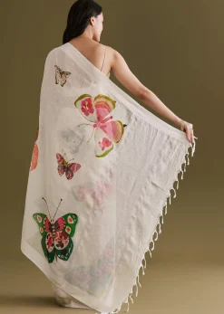 White Cotton Linen Saree With Multicolour Butterfly Prints
