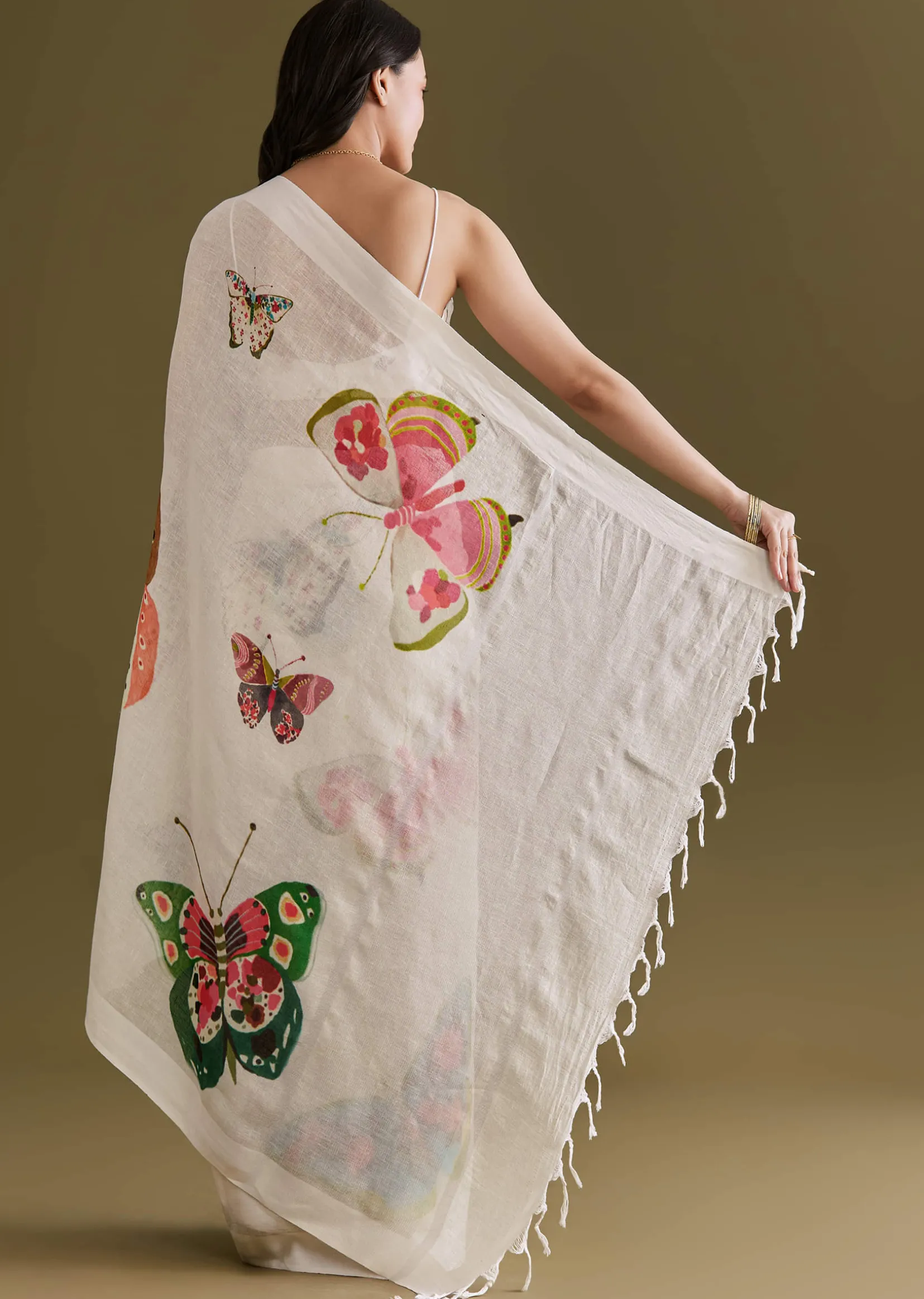 White Cotton Linen Saree With Multicolour Butterfly Prints