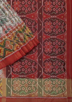 White Cotton Silk Saree With Ikat Patola Work And Unstitched Blouse Fabric