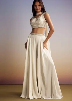 White Crepe Crop Top Set With Sequins Work And Dupatta