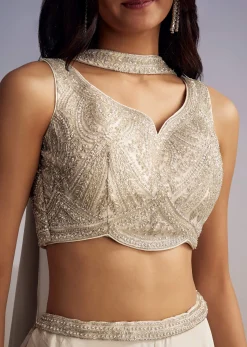 White Crepe Crop Top Set With Sequins Work And Dupatta