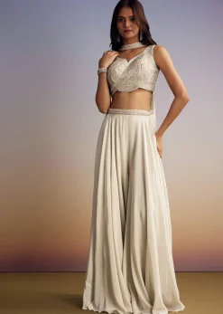 White Crepe Crop Top Set With Sequins Work And Dupatta