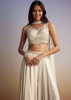 White Crepe Crop Top Set With Sequins Work And Dupatta