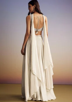 White Crepe Crop Top Set With Sequins Work And Dupatta