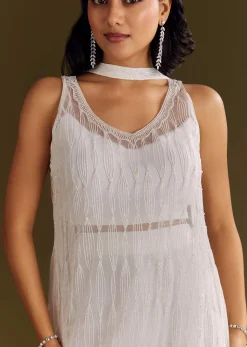 White Crepe Kurta Set With Net Choker Style Dupatta