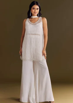 White Crepe Kurta Set With Net Choker Style Dupatta