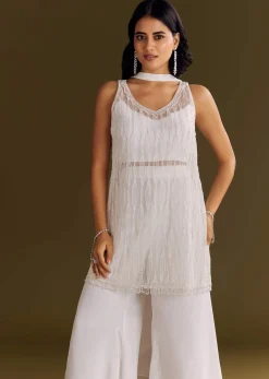 White Crepe Kurta Set With Net Choker Style Dupatta