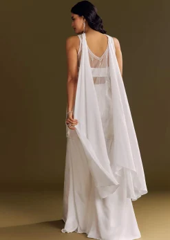 White Crepe Kurta Set With Net Choker Style Dupatta