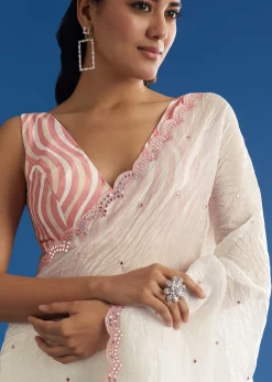 White Crepe Silk Saree With Mirror Scallop Border And Pink Contrast Blouse