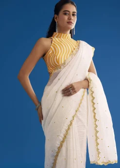 White Crepe Silk Saree With Mirror Scallop Contrast Border And Yellow Blouse