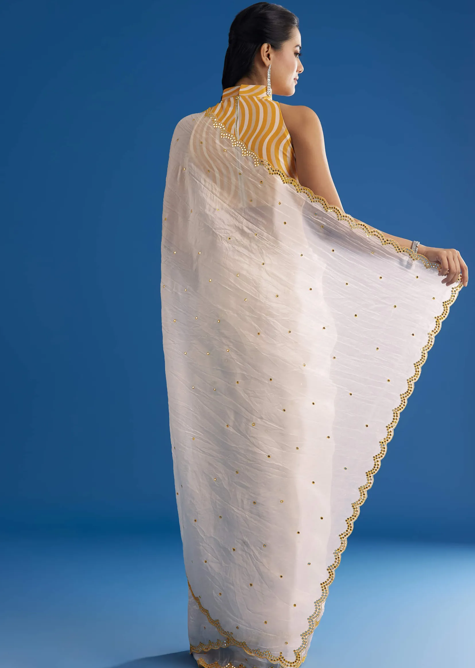 White Crepe Silk Saree With Mirror Scallop Contrast Border And Yellow Blouse