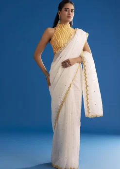 White Crepe Silk Saree With Mirror Scallop Contrast Border And Yellow Blouse