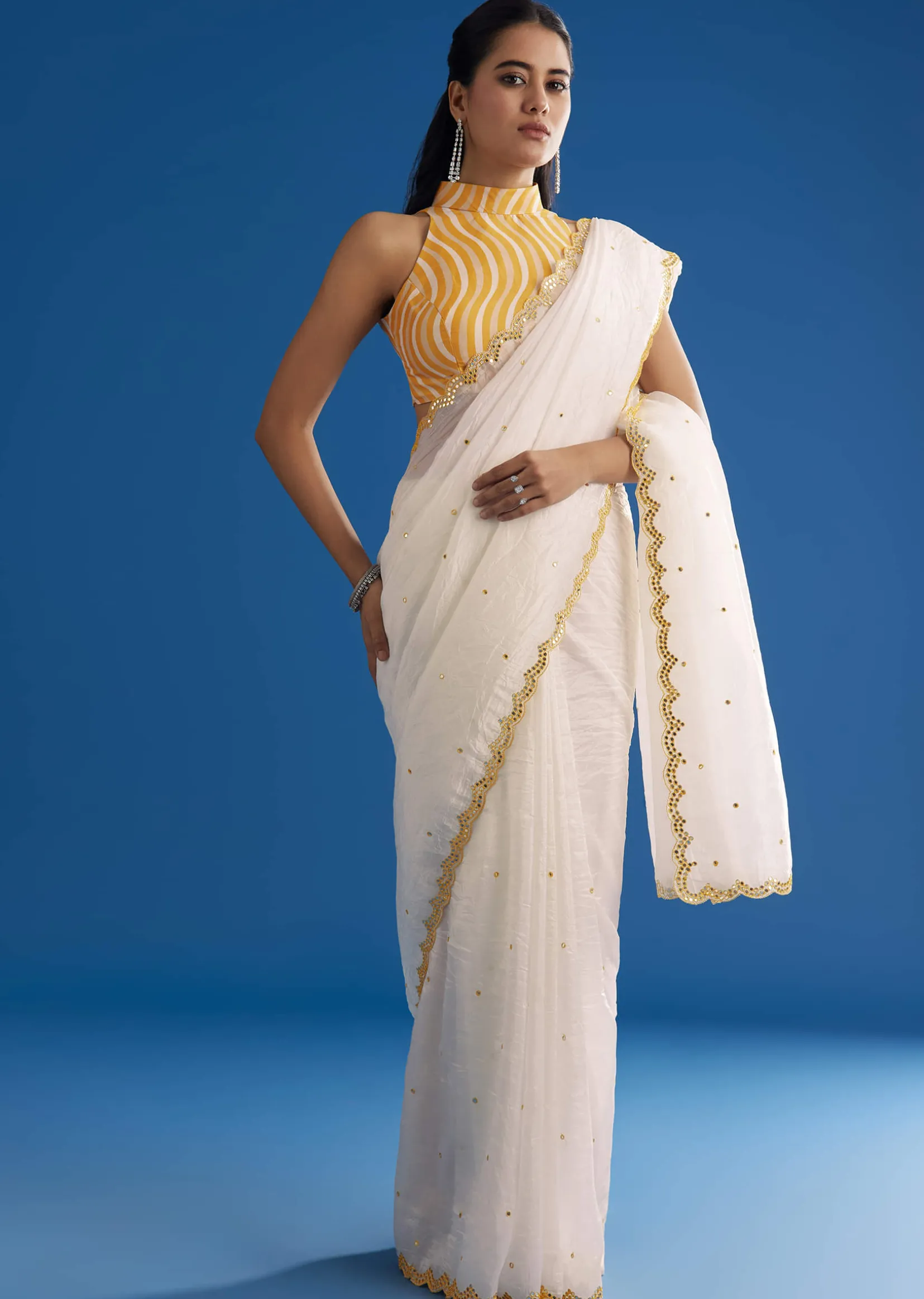 White Crepe Silk Saree With Mirror Scallop Contrast Border And Yellow Blouse