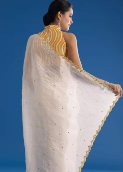 White Crepe Silk Saree With Mirror Scallop Contrast Border And Yellow Blouse