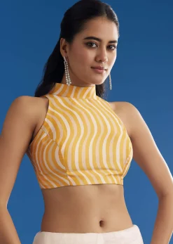 White Crepe Silk Saree With Mirror Scallop Contrast Border And Yellow Blouse