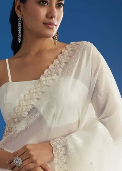 White Crepe Tissue Saree With Moti Beads And Cutdana Embroidery