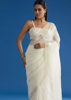 White Crepe Tissue Saree With Moti Beads And Cutdana Embroidery