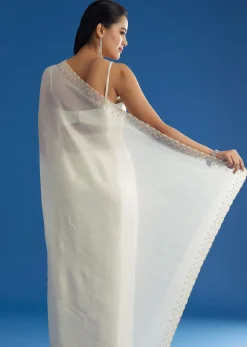 White Crepe Tissue Saree With Moti Beads And Cutdana Embroidery