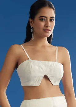 White Crepe Tissue Saree With Moti Beads And Cutdana Embroidery