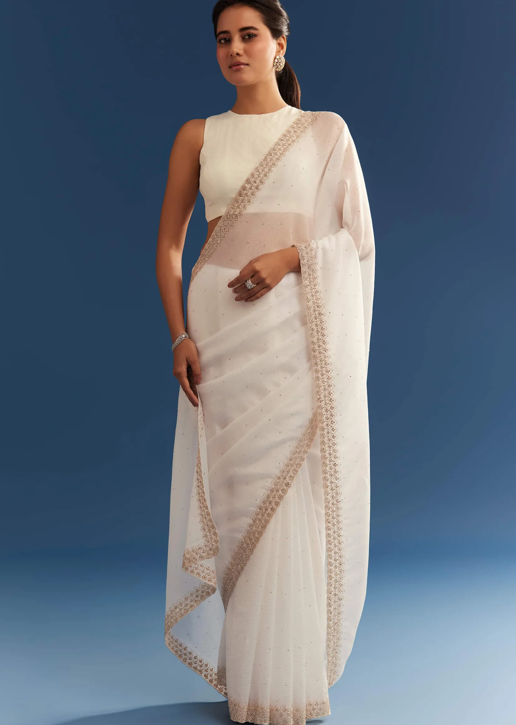 White Crushed Tissue Cutdana Embroidered Saree